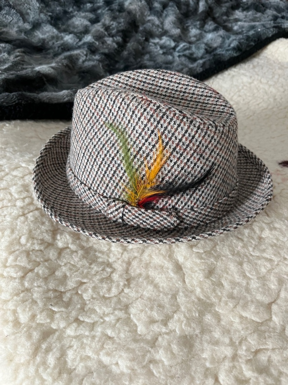 Men's  or  ladies wool blend  Fedora Hat with Multicolor Feather - Beige Multi